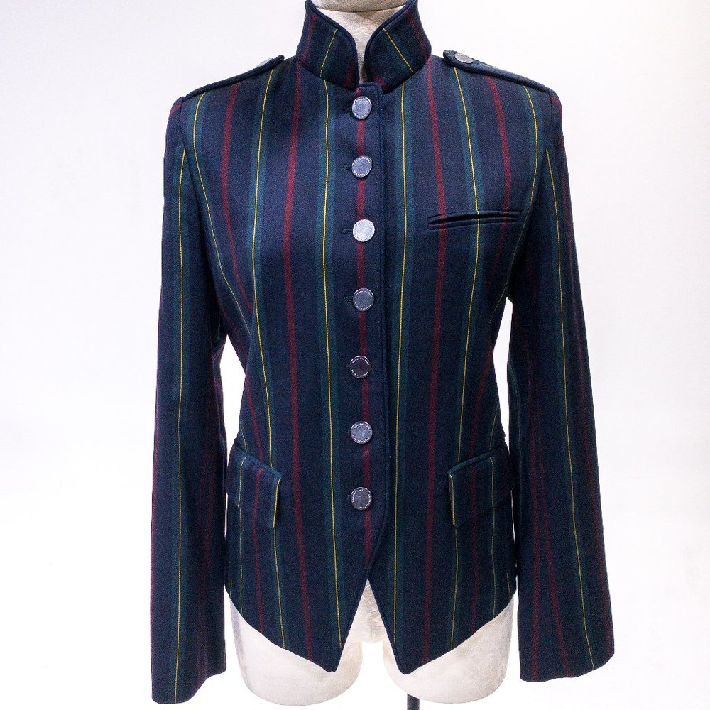 Shanghai Tang M Stripe Mandarin Blazer Jacket Navy Wool Silk